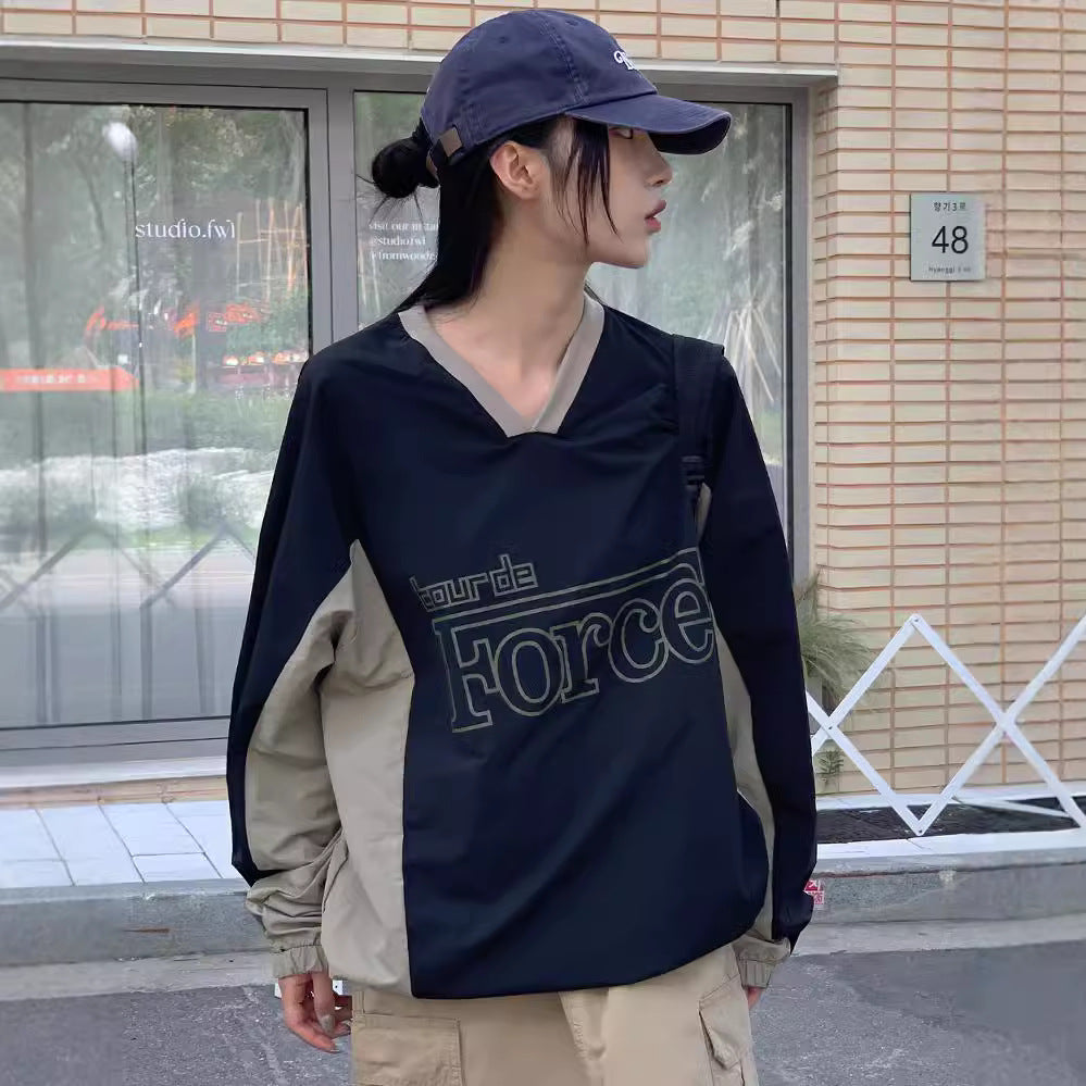 Retro Contrast V-Neck Long Sleeve Korean Pullover
