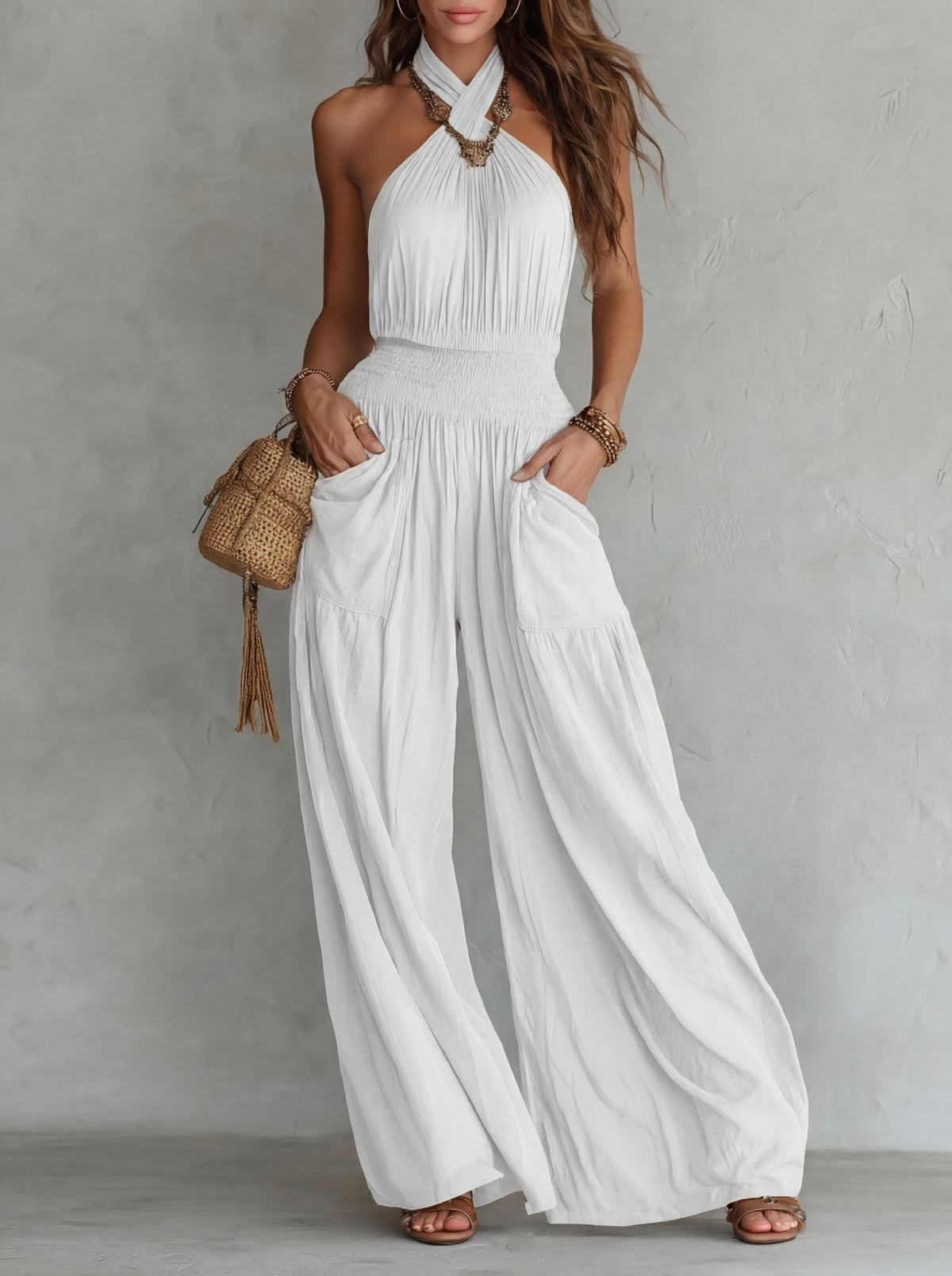 Bohemian Backless Wide Leg Jumpsuit with Pockets