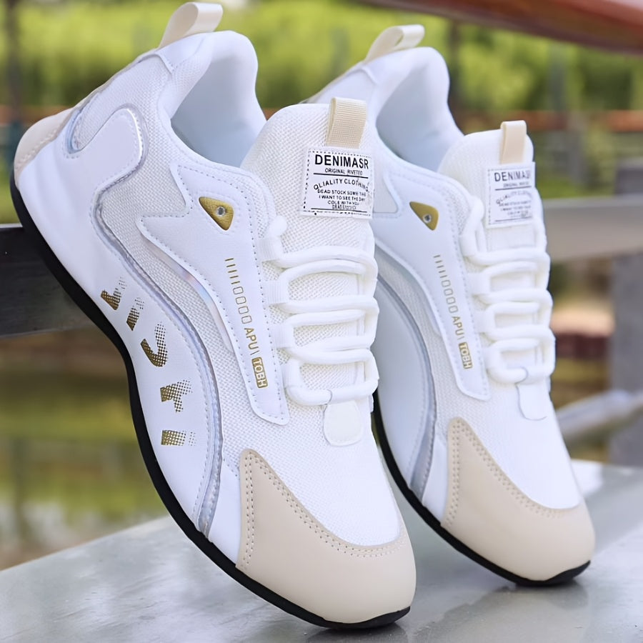 Stylish White Low-Top Sneakers with Golden Accents, Breathable Fabric Lining, Durable PVC Outsole - Perfect for Casual and Athletic Wear