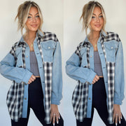 Loose Women's Denim Stitching Plaid Coat Top