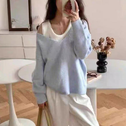 Bandage Dress Knitted Vest Soft Glutinous Loose-fitting Long Sleeve Sweater Two-piece Set