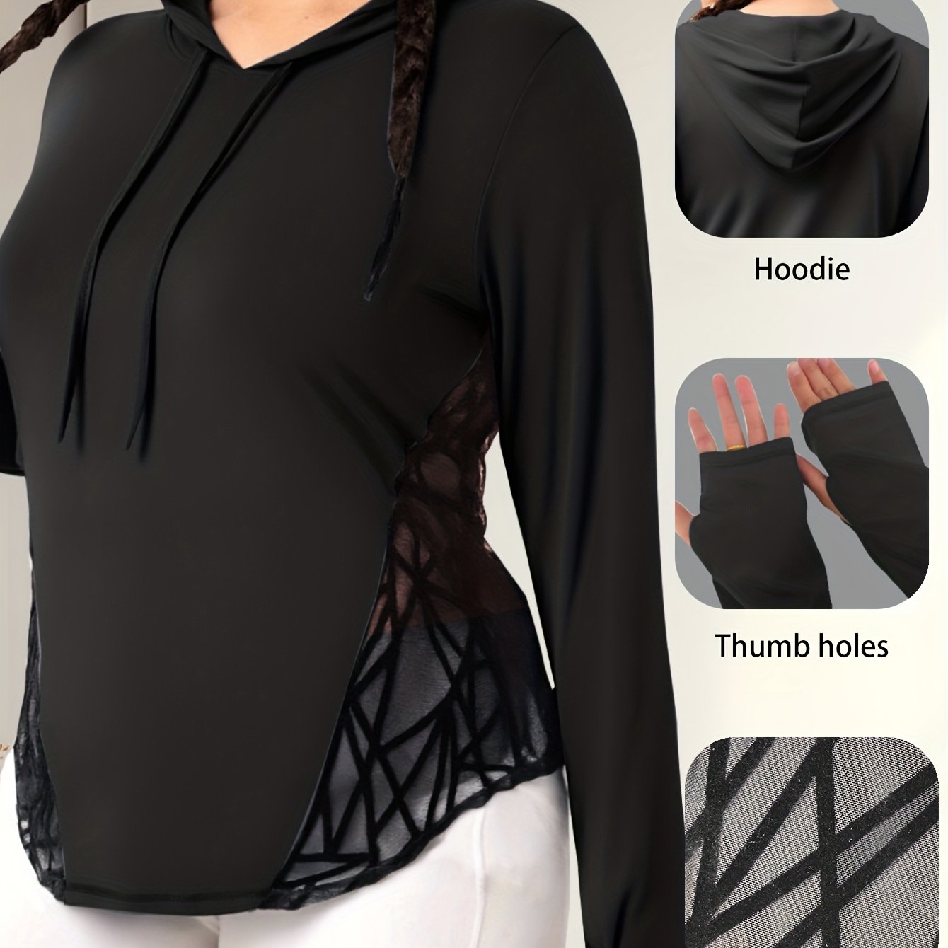 Plus Size Hooded Sweatshirt with Mesh Panels for Women