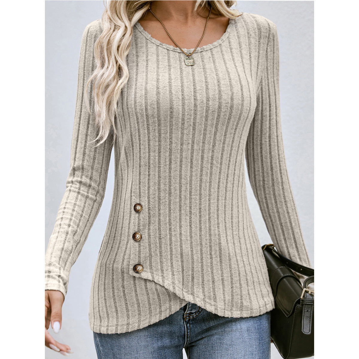 Women's Slim Fit Button Round Neck Ribbed Sweater