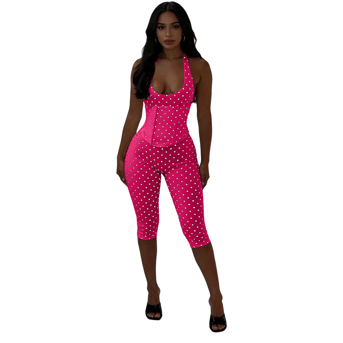 Womens Halterneck Polka-Dot Fishbone Zipper-Waist Cropped Jumpsuit