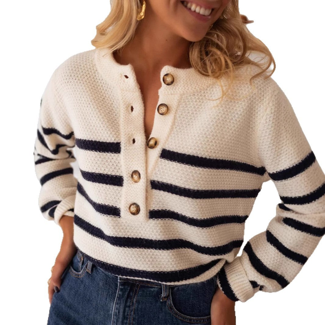Striped Pullover Top Fashion Cardigan with Buttons Sweater Women