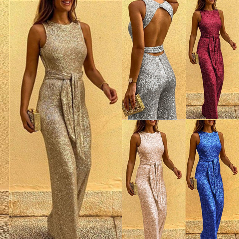 Sparkling Sequin Sleeveless Round Neck Party Jumpsuit
