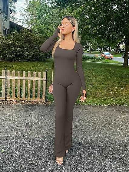 Ribbed Long-Sleeve Yoga Jumpsuit & Bell-Bottom Pants