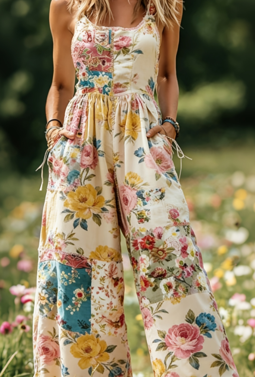 Women's American Retro Print Strappy Wide-Leg Jumpsuit