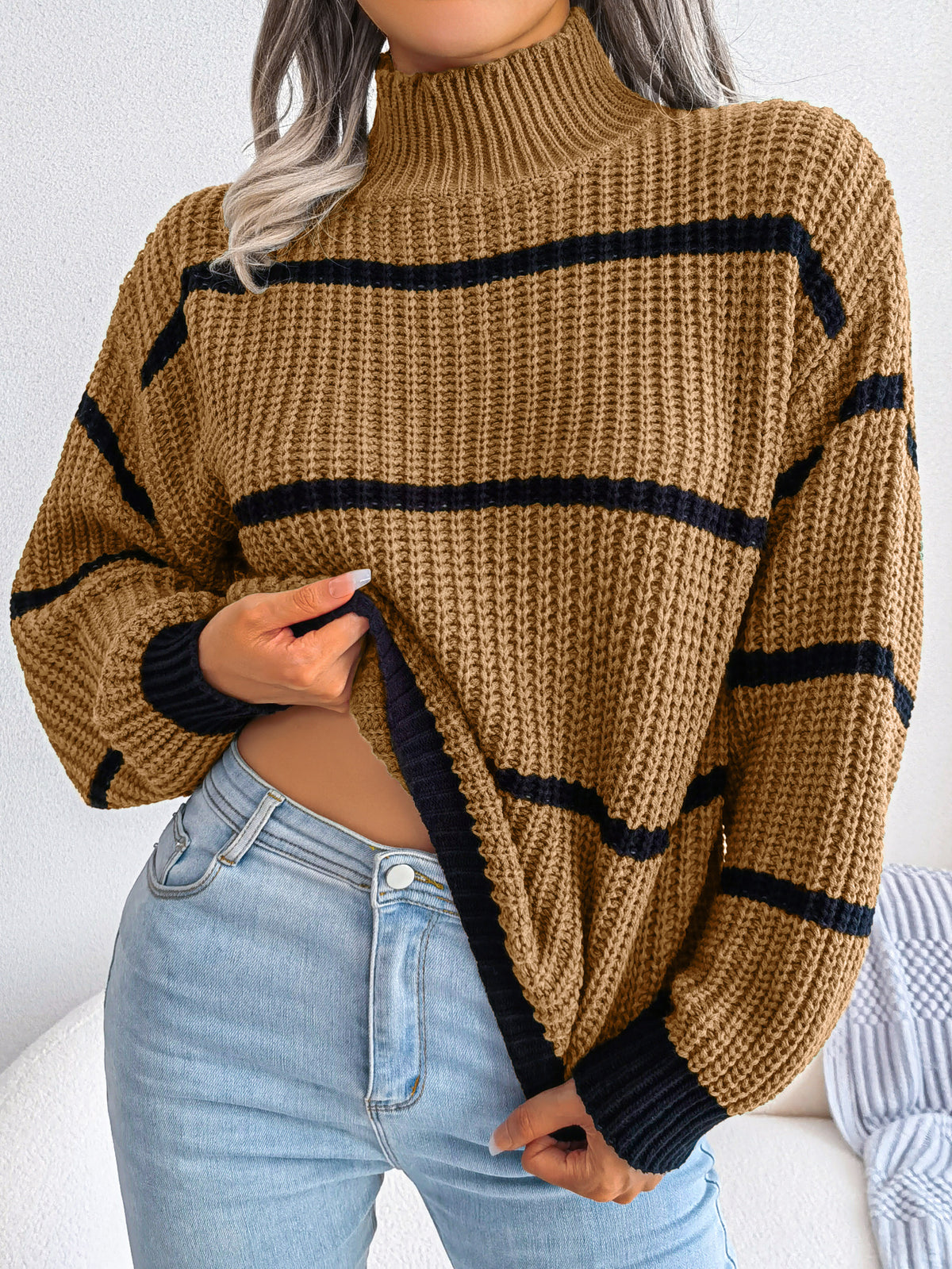 Women Casual Striped Lantern Sleeve Half Turtleneck Knit Sweater