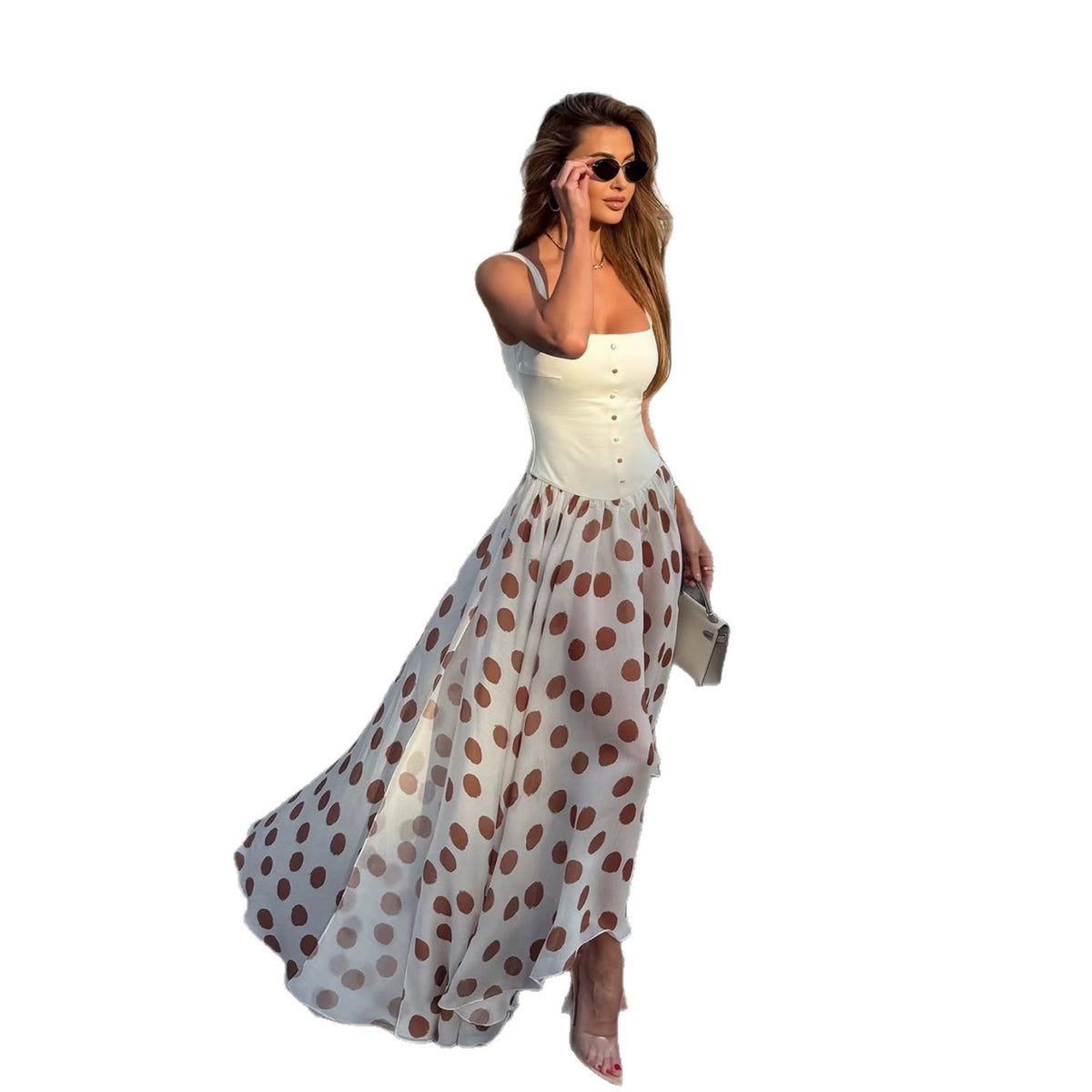 Polka Dot Chiffon Waist-Cinching Strapless Midi Dress
