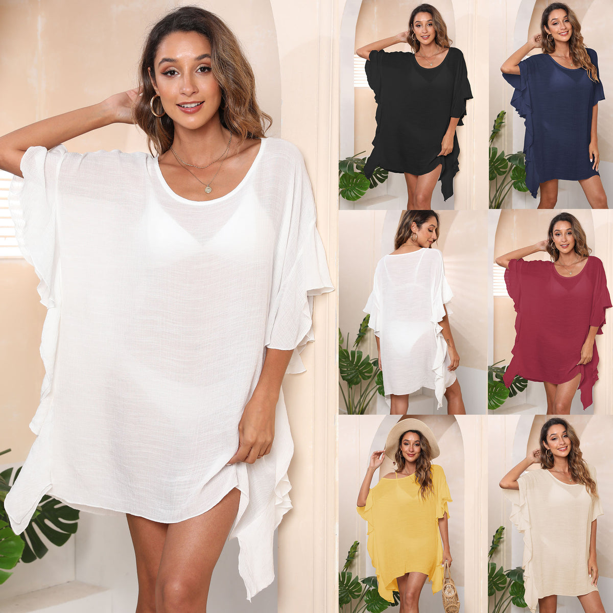 Womens Ruffled Boho Beach Dress Summer Cover-Up