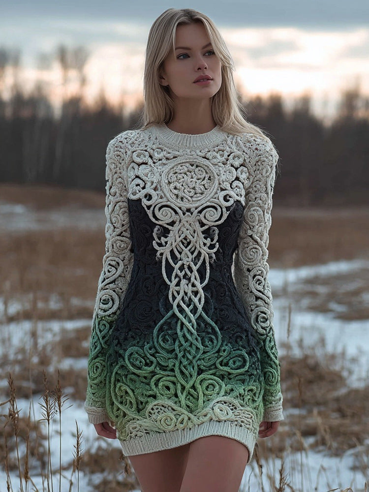 Women's Slim Fit Long Sleeved Short Dress with 3d Printing