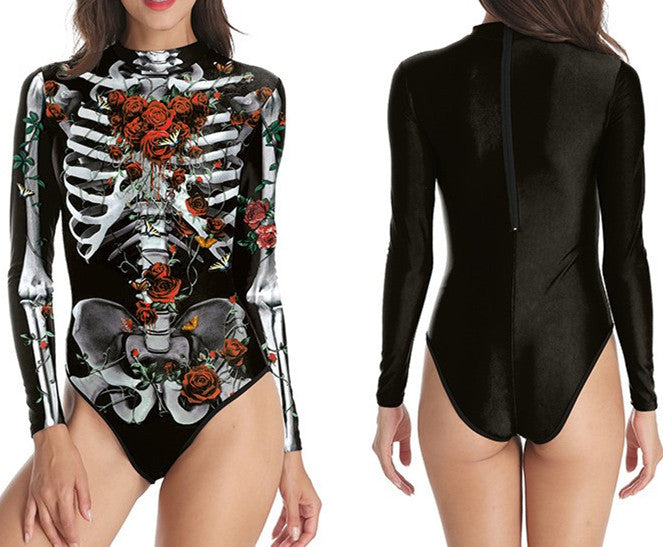 Women's Long-sleeved 3d Digital Printing Skull Skeleton One-piece Swimsuit