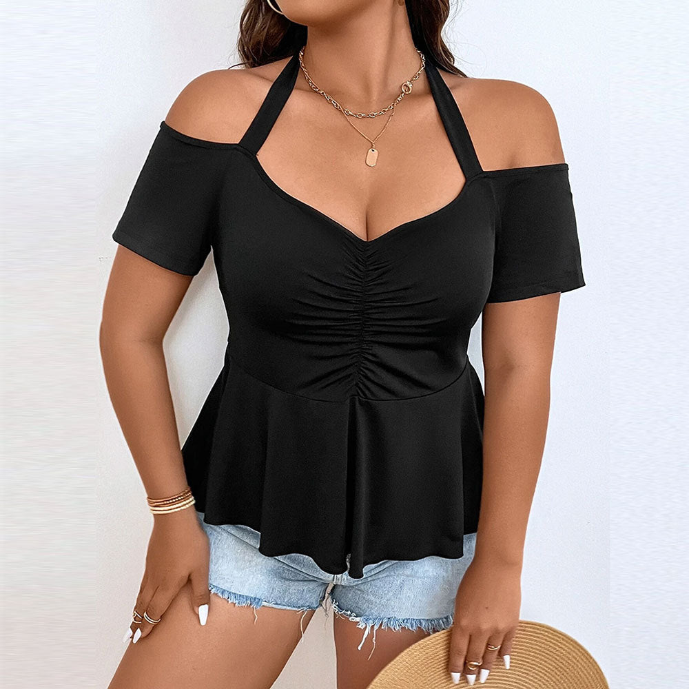 Off‑Shoulder Waist‑Cinching Casual Top – Solid Color, Short Sleeve