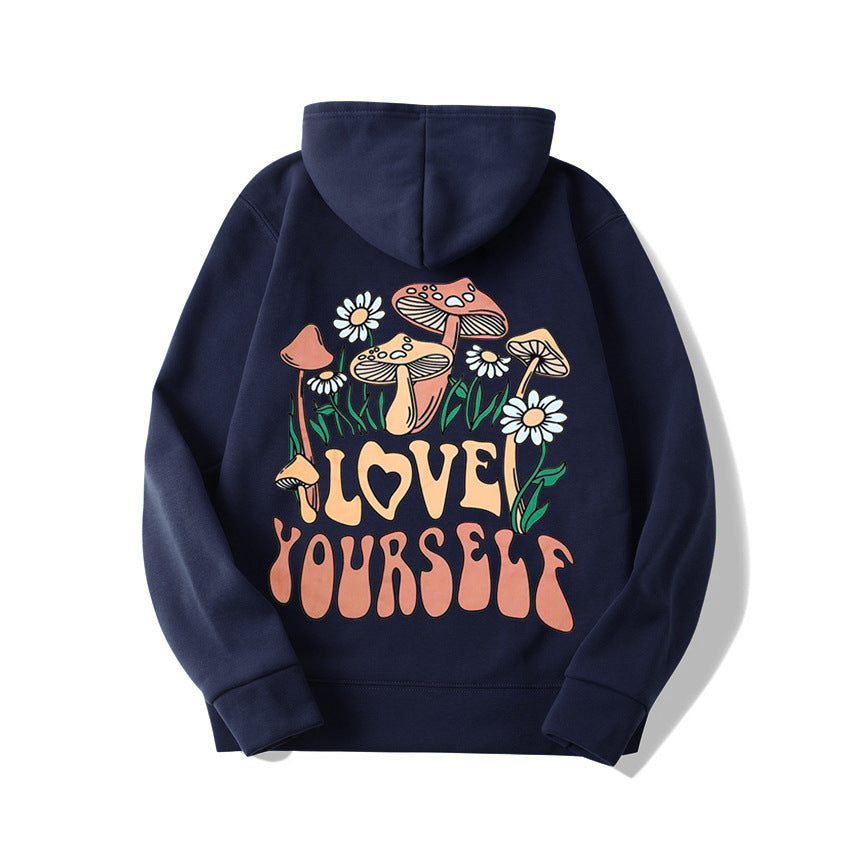 Plus Size Cute Mushroom Slogan Cozy Pullover Hoodie