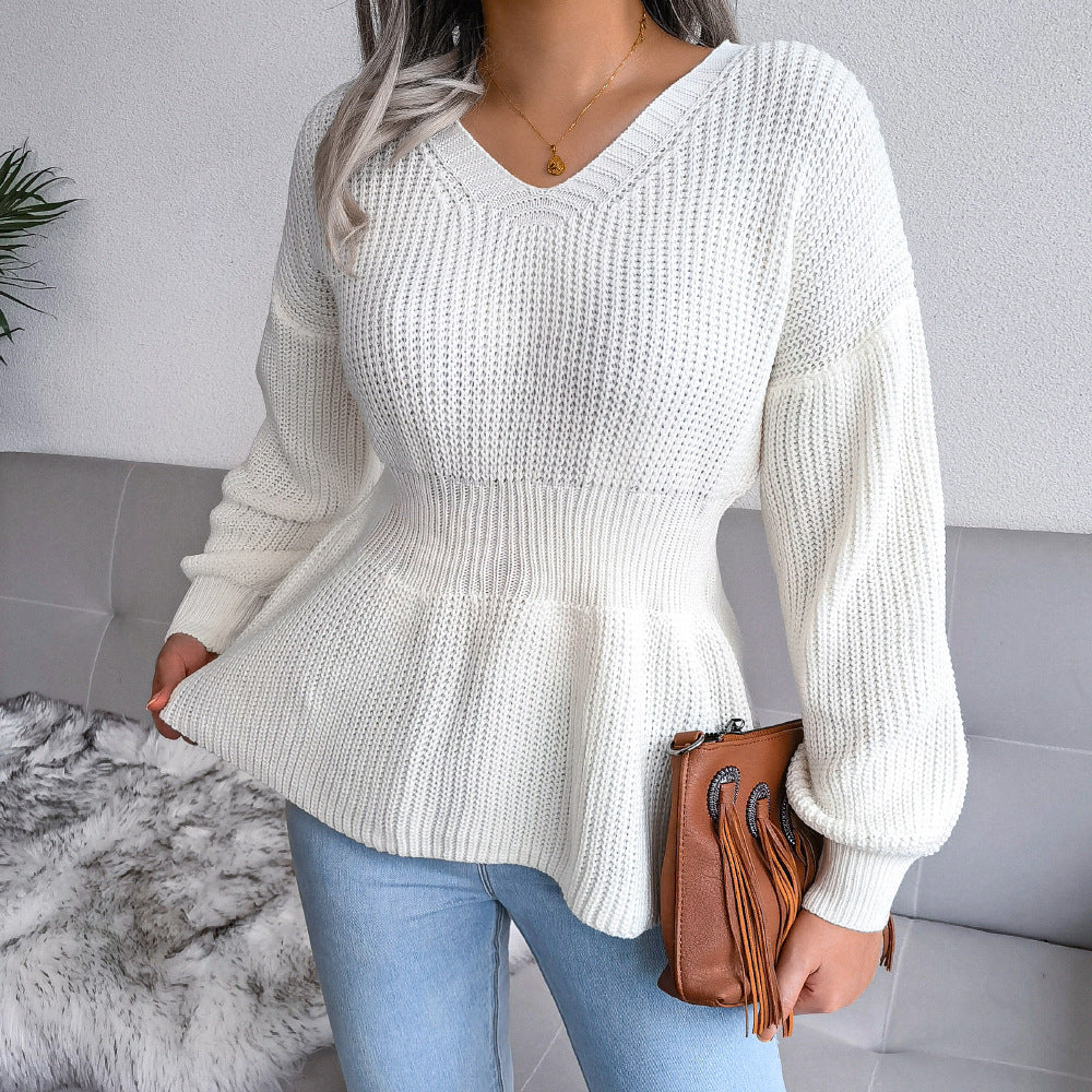 Women's Lantern Sleeve Waist-defined Hem Ruffle Knitted Sweater