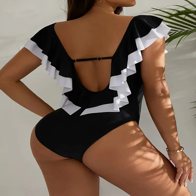 Black & White Ruffled Tummy-Flattering One-Piece Swimsuit