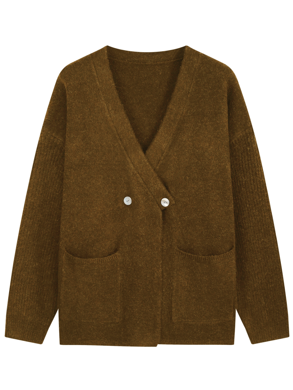 Ladies Irregular Wrap Front Two Buttons Drop Shoulder Knit Coat with Side Pockets