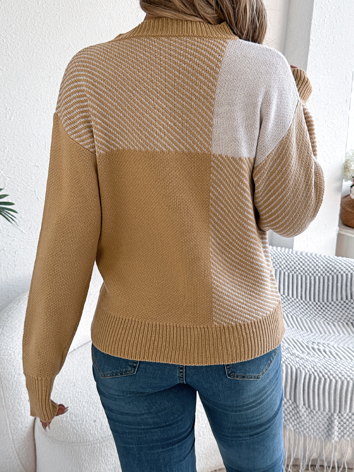 Women Casual Color Block Plaid Long Sleeve Pullover Sweater