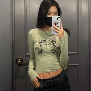 Vintage Geometric Print Long-Sleeve Slim T-Shirt