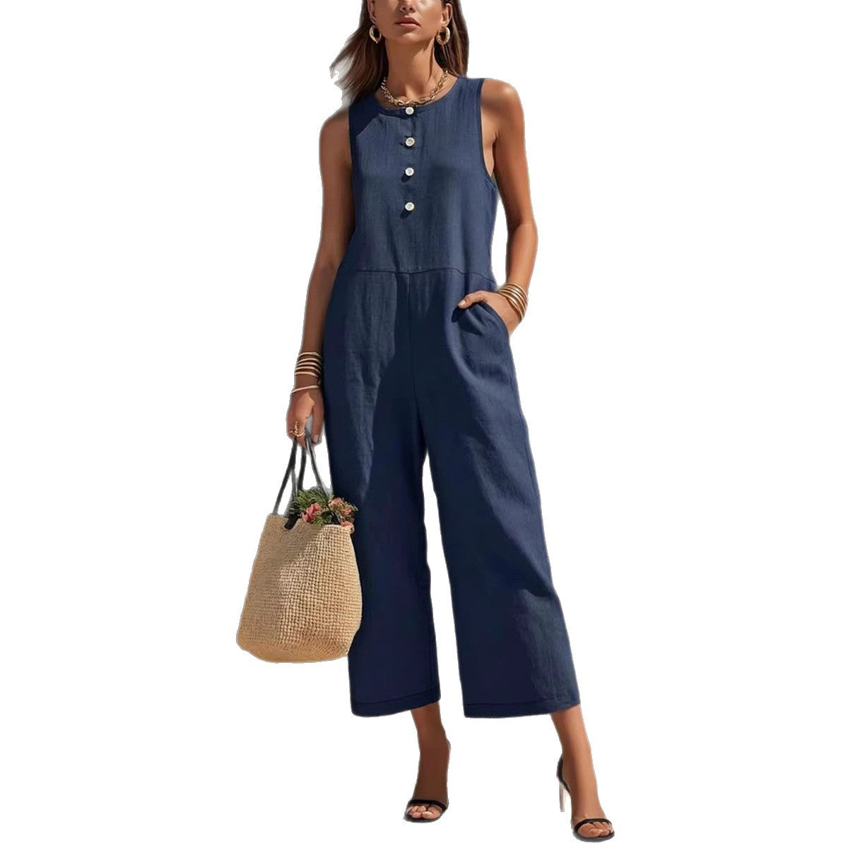 Elegant Sleeveless Wide-Leg Button Jumpsuit