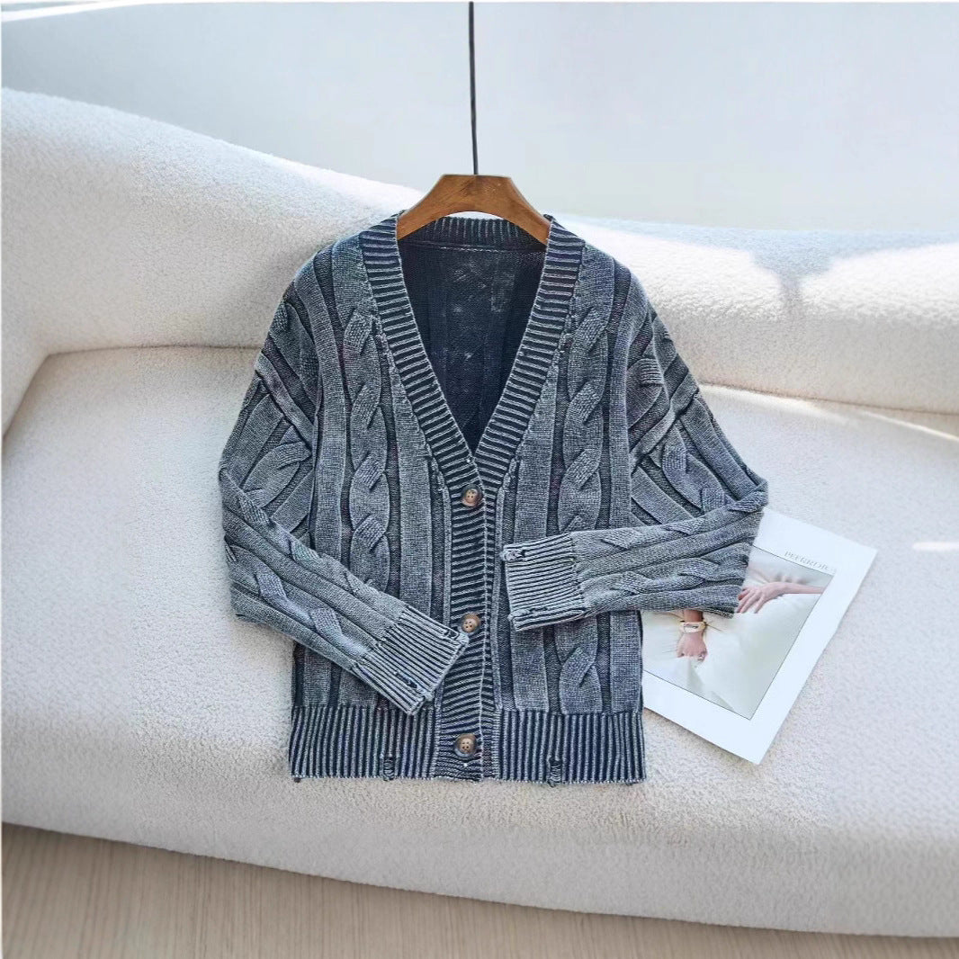 European and American Old Knitted Coat Women's Loose V-neck