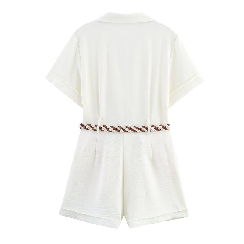 Chic Woven-Belt Short-Sleeve Jumpsuit
