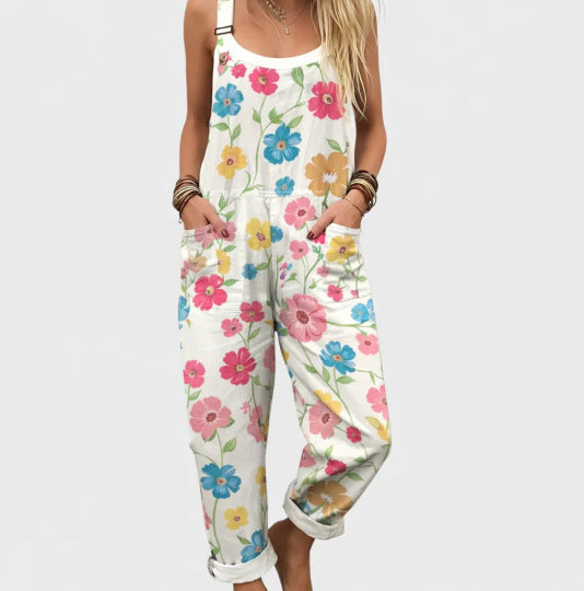 Women's Digital Print Casual Button Suspender Trousers