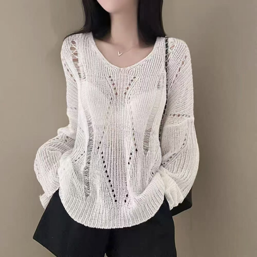 Hollow-out Ice Silk Thin Long Sleeve Mid-length V-neck Sweater
