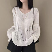Hollow-out Ice Silk Thin Long Sleeve Mid-length V-neck Sweater