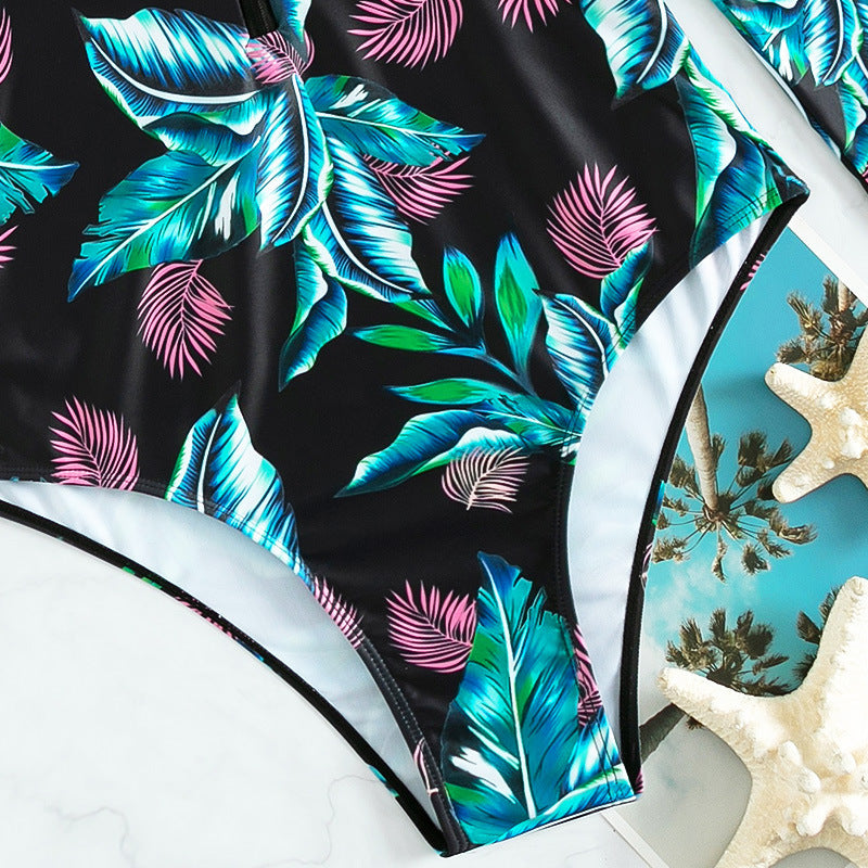 Floral Long Sleeve One-Piece Conservative Swimsuit