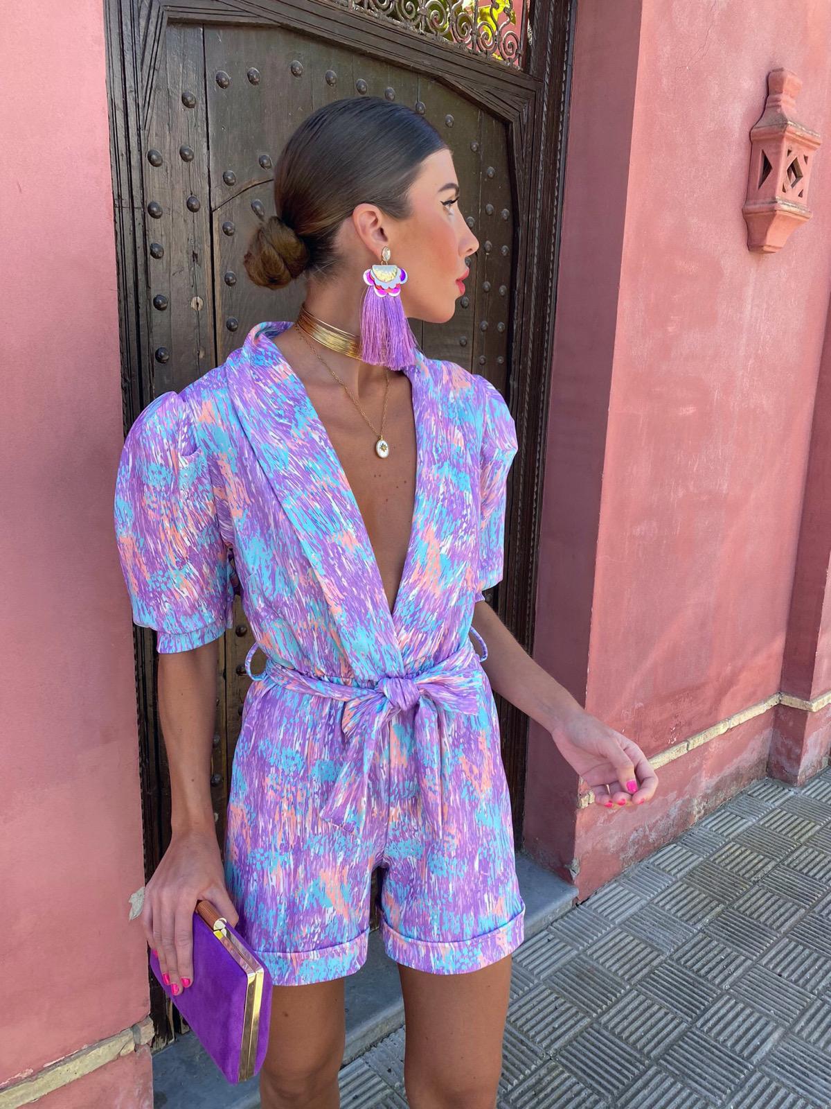 Deep V-neck Puff Short Sleeve Printed Elastic Waistband Pocket Shorts Jumpsuit