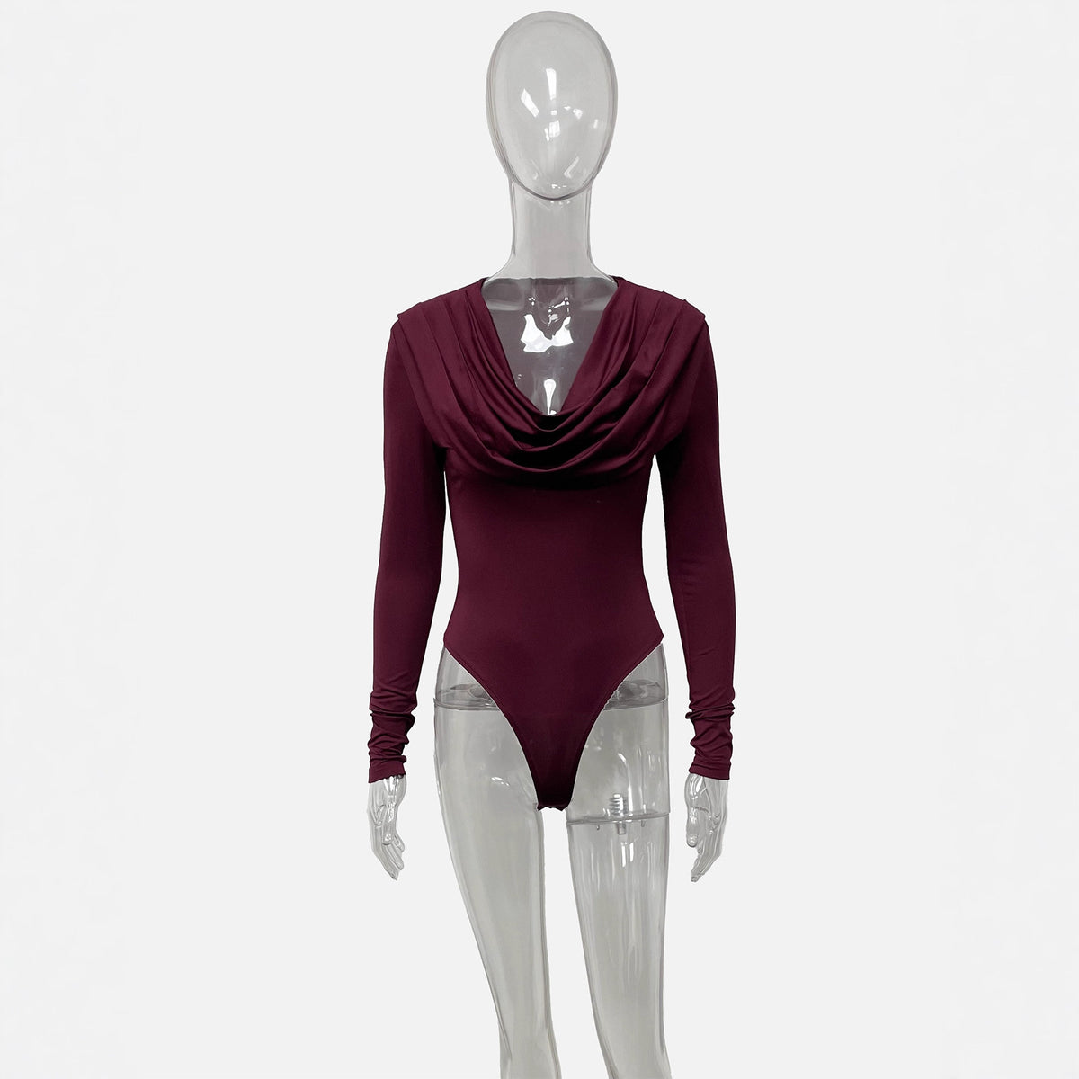 Wine Red Cowl-Neck Figure-Hugging Jumpsuit