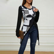 Geometric Color-Block Bodycon Crew Neck Top – Long Sleeve