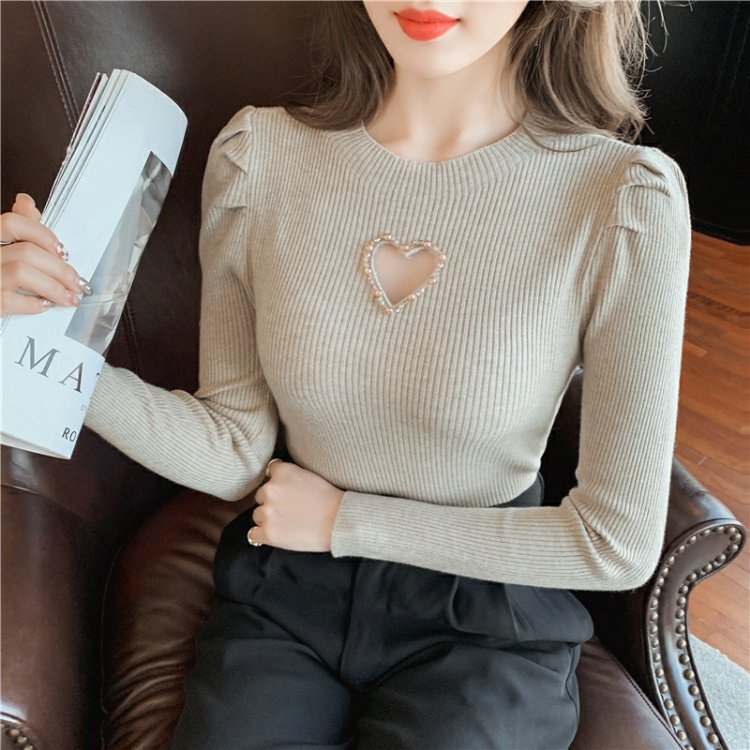 Women's Hollow Heart Beaded Slim-Fit Knit Pullover Sweater