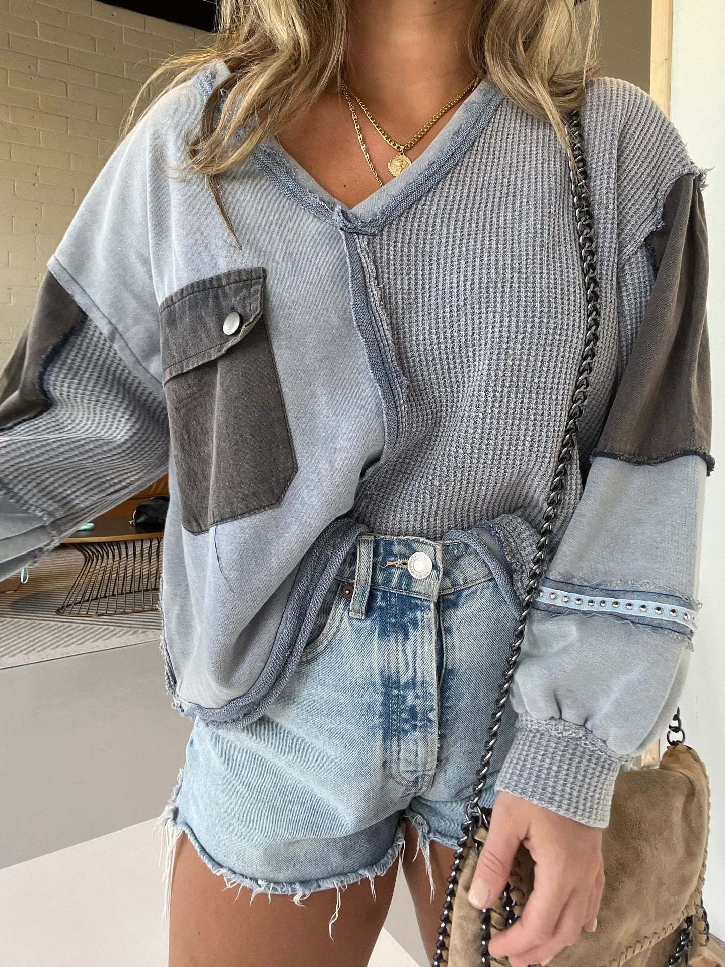Women's Colorblock Denim Casual Pullover Sweater