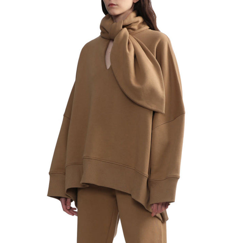 Women's Loose Scarf Collar Irregular Long Sleeve Sweatshirt