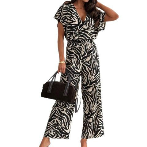 Leopard Print V-Neck Flounce Sleeve Wide-Leg Jumpsuit