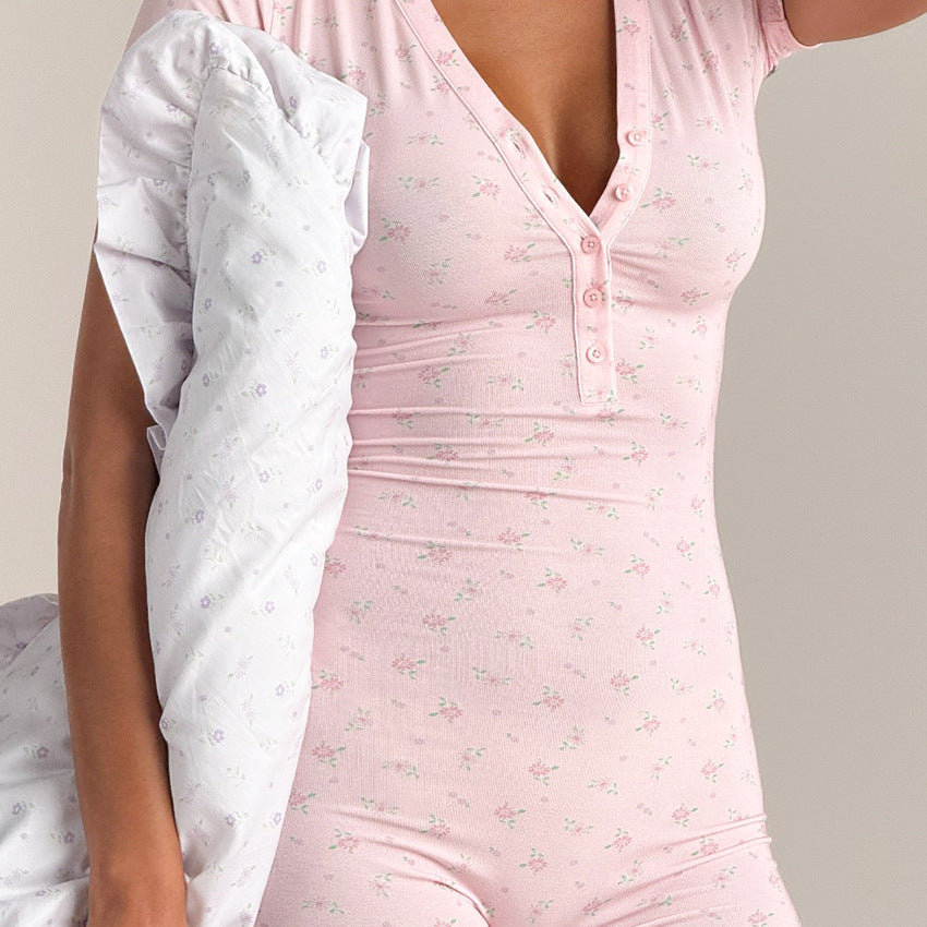 Casual Printed V-Neck Loungewear Jumpsuit