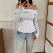 Light Gray Slim Fit Hot Girl Off-shoulder T-shirt