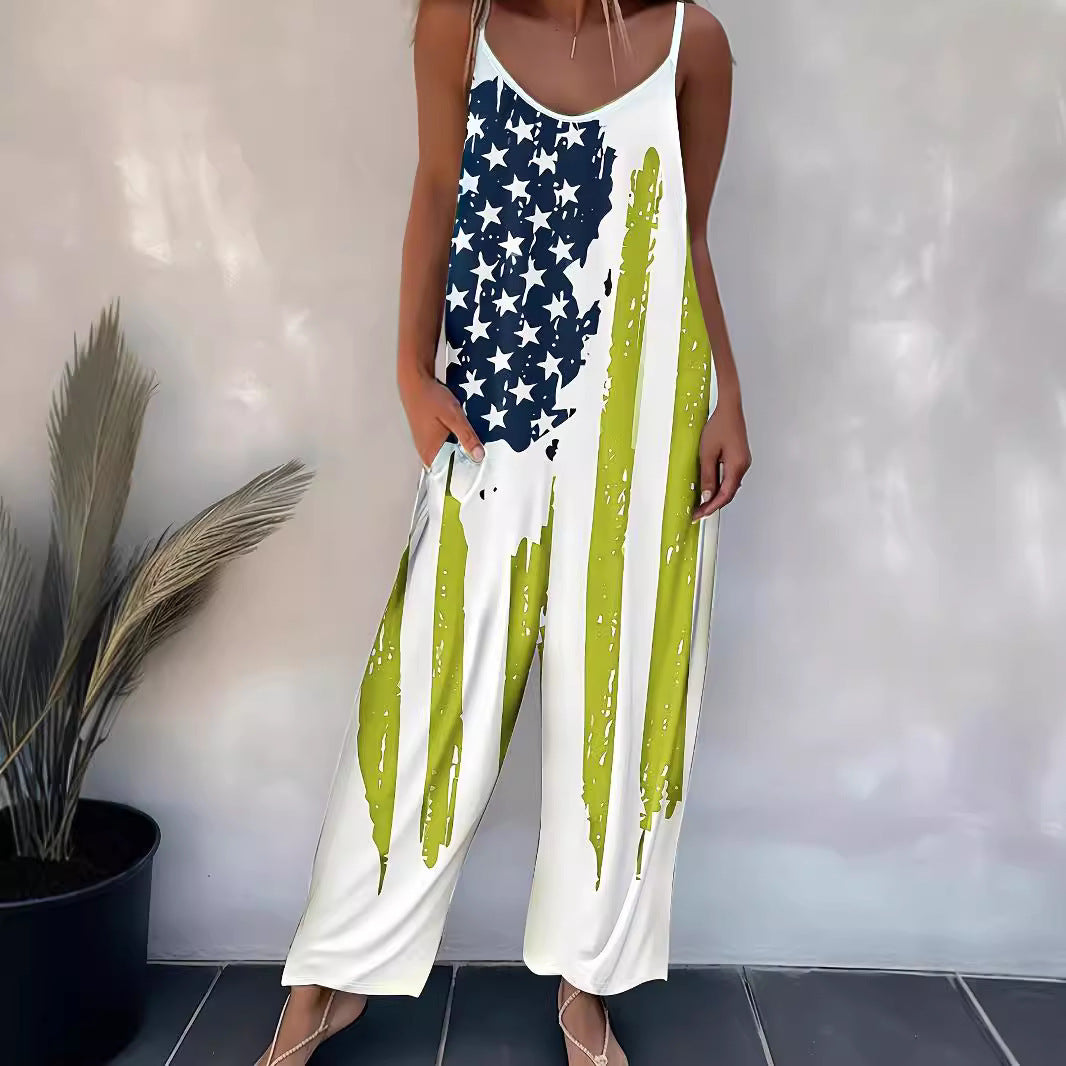 Women's Printed Casual Suspender Jumpsuit