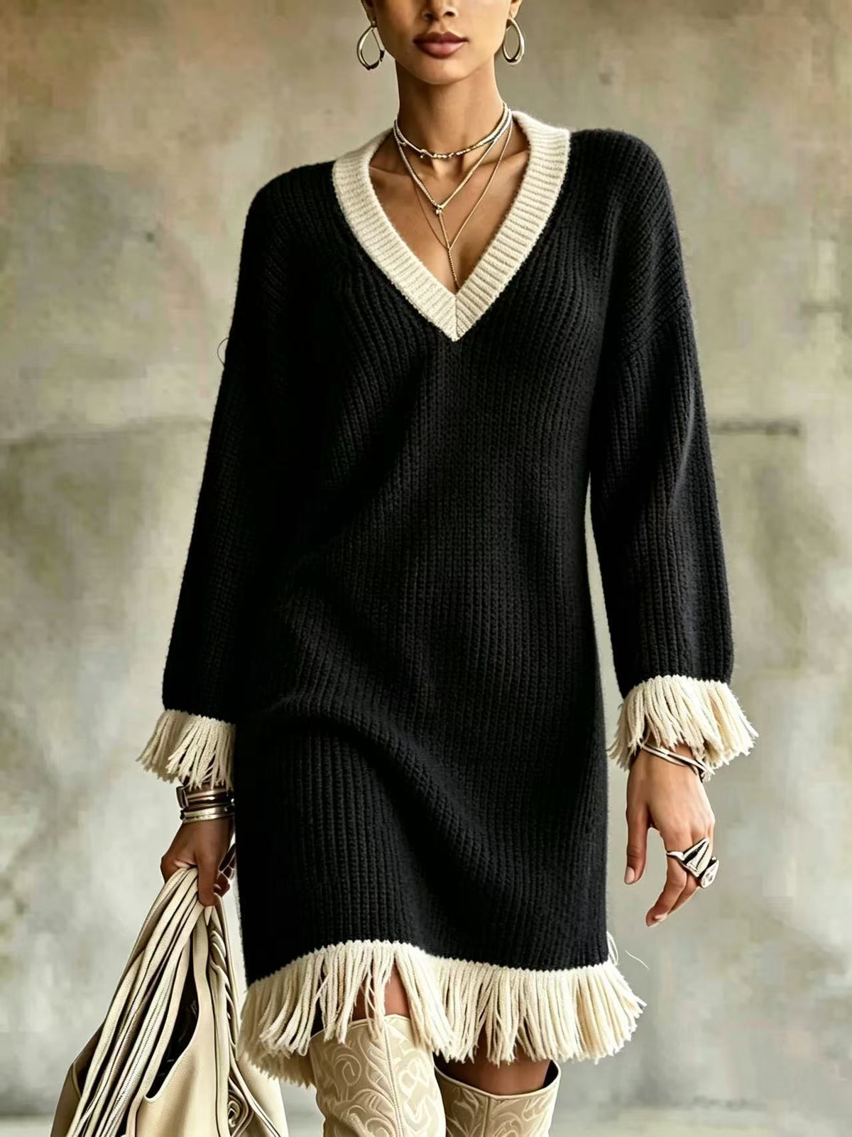 Colorblock V-Neck Tassel Knit Midi Sweater Dress