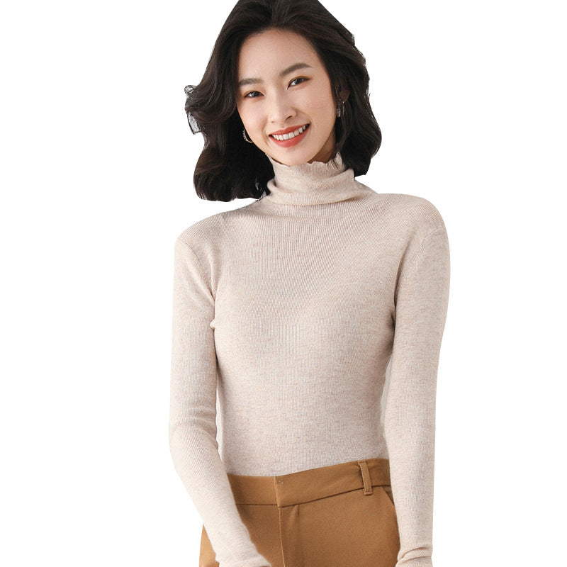Womens Solid-color Slim-fit Knitted Bottoming Shirt