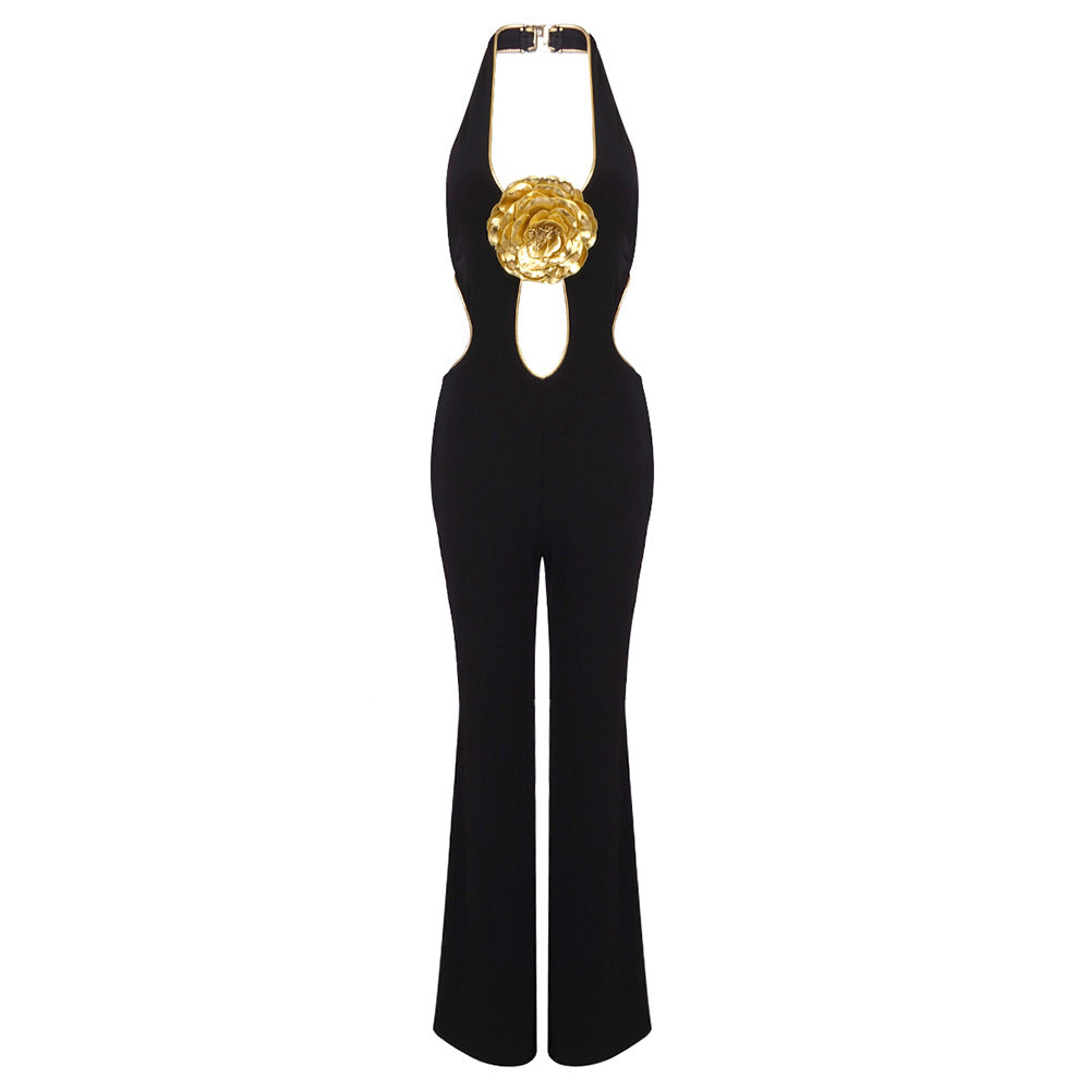 Halter Sexy Trousers Women's Jumpsuit Golden Flower Sleeveless Backless