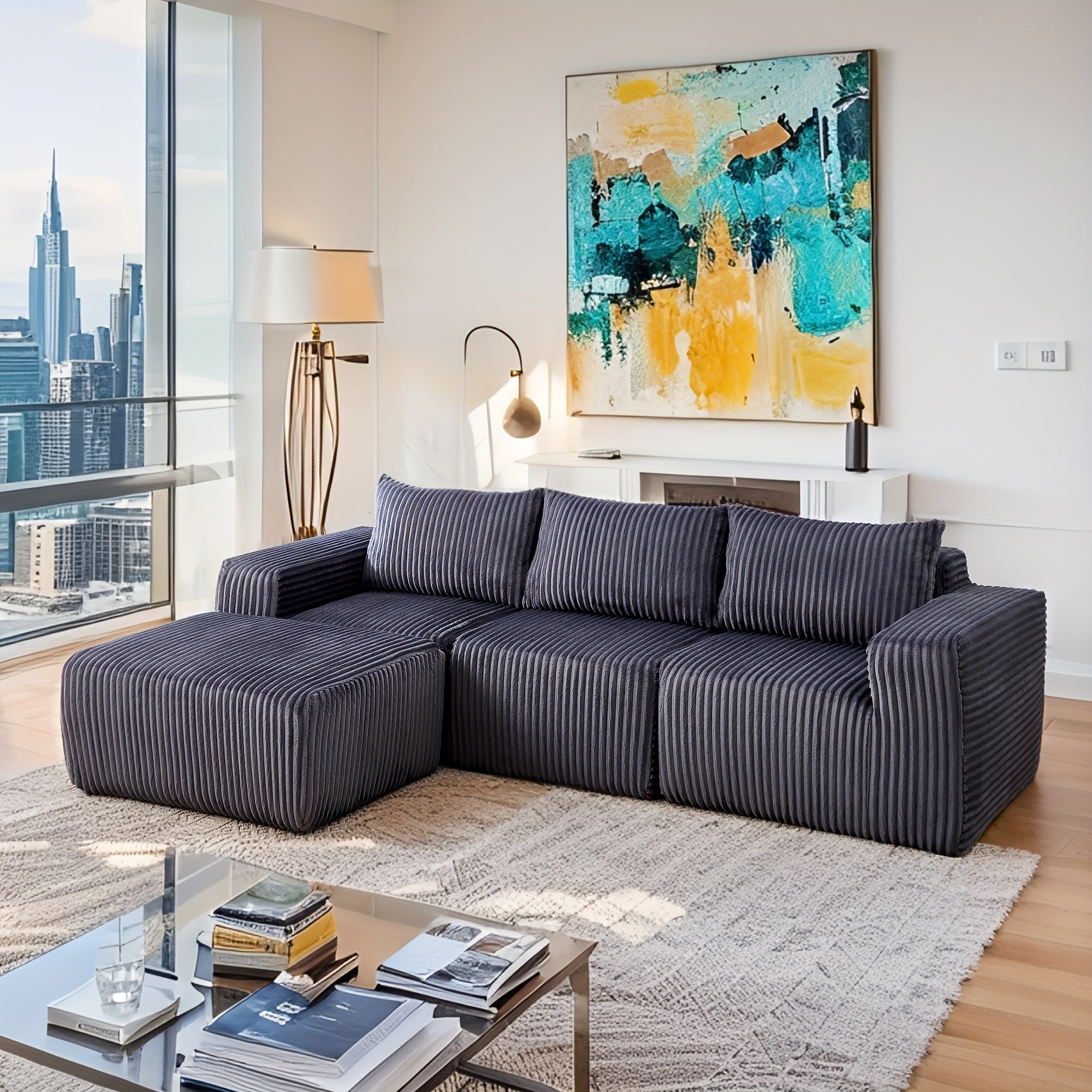 Modular L-shaped chaise longue sofa bed with deep seat and corduroy upholstery