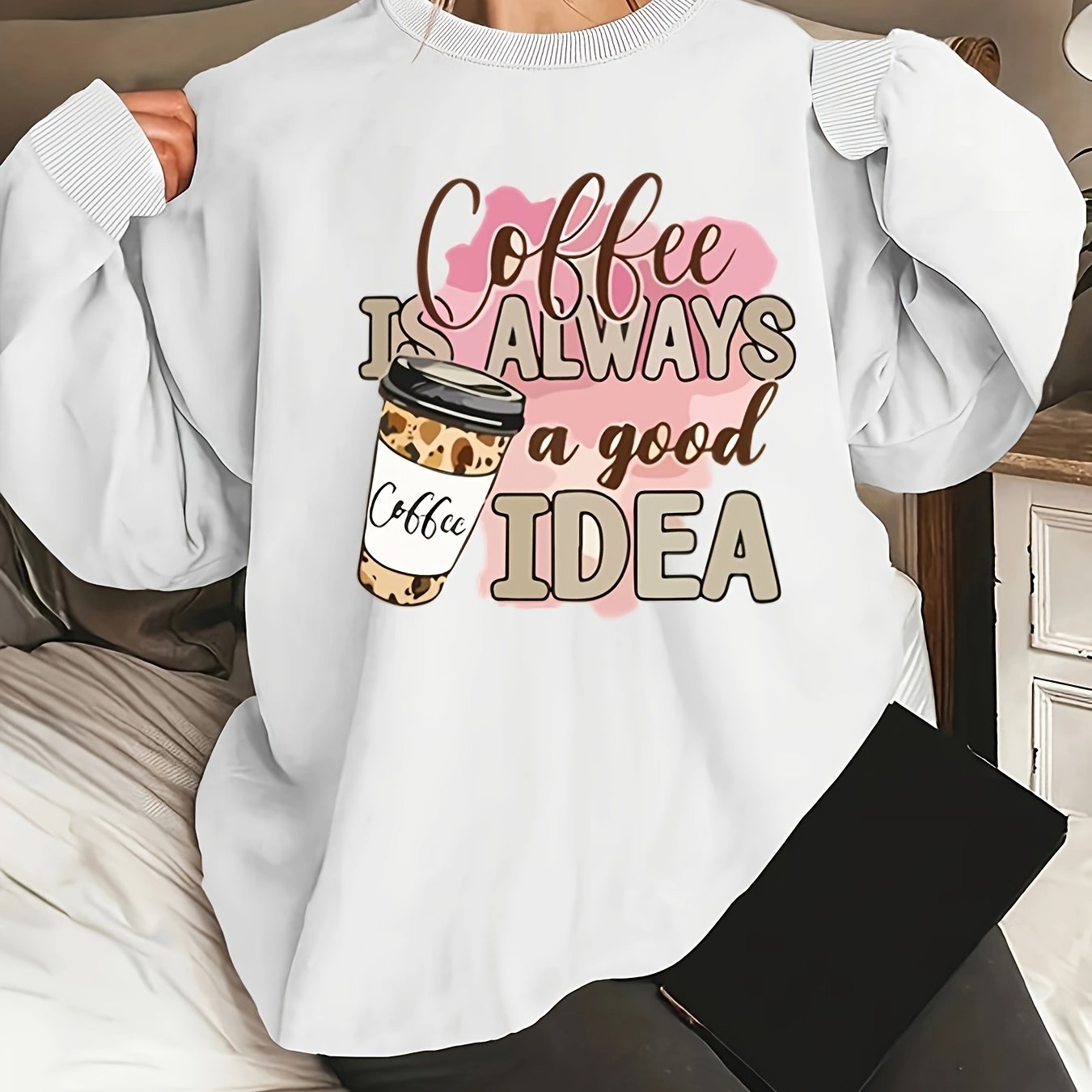 Plus Size Women's Coffee Cup Print Round Neck Sweatshirt