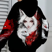 Plus Size Gothic Kitsune Fox Hooded Sweatshirt – White Hair Back Print, Red/Black Fox Motif, Pocket Detail