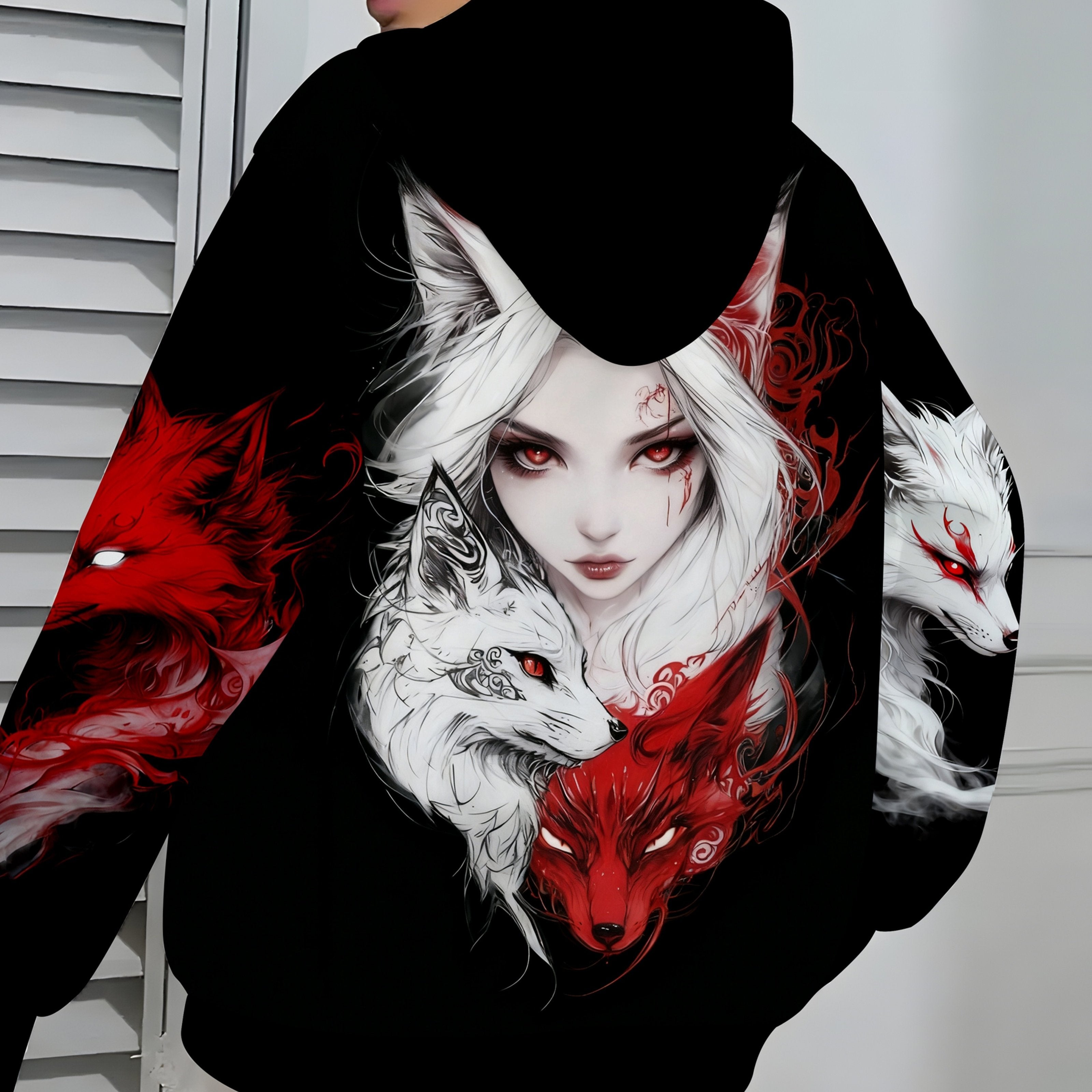 Plus Size Gothic Kitsune Fox Hooded Sweatshirt – White Hair Back Print, Red/Black Fox Motif, Pocket Detail
