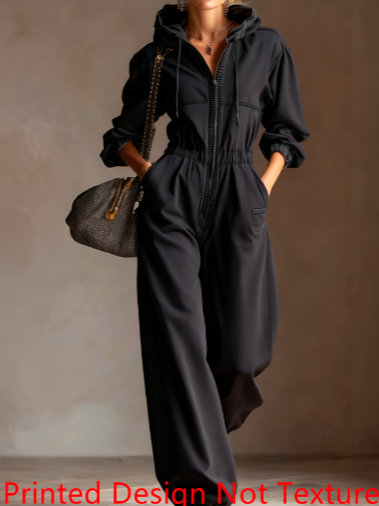 Vintage Plaid Hooded Waist-cinched Jumpsuit, Casual Loose Long-sleeved Jumpsuit