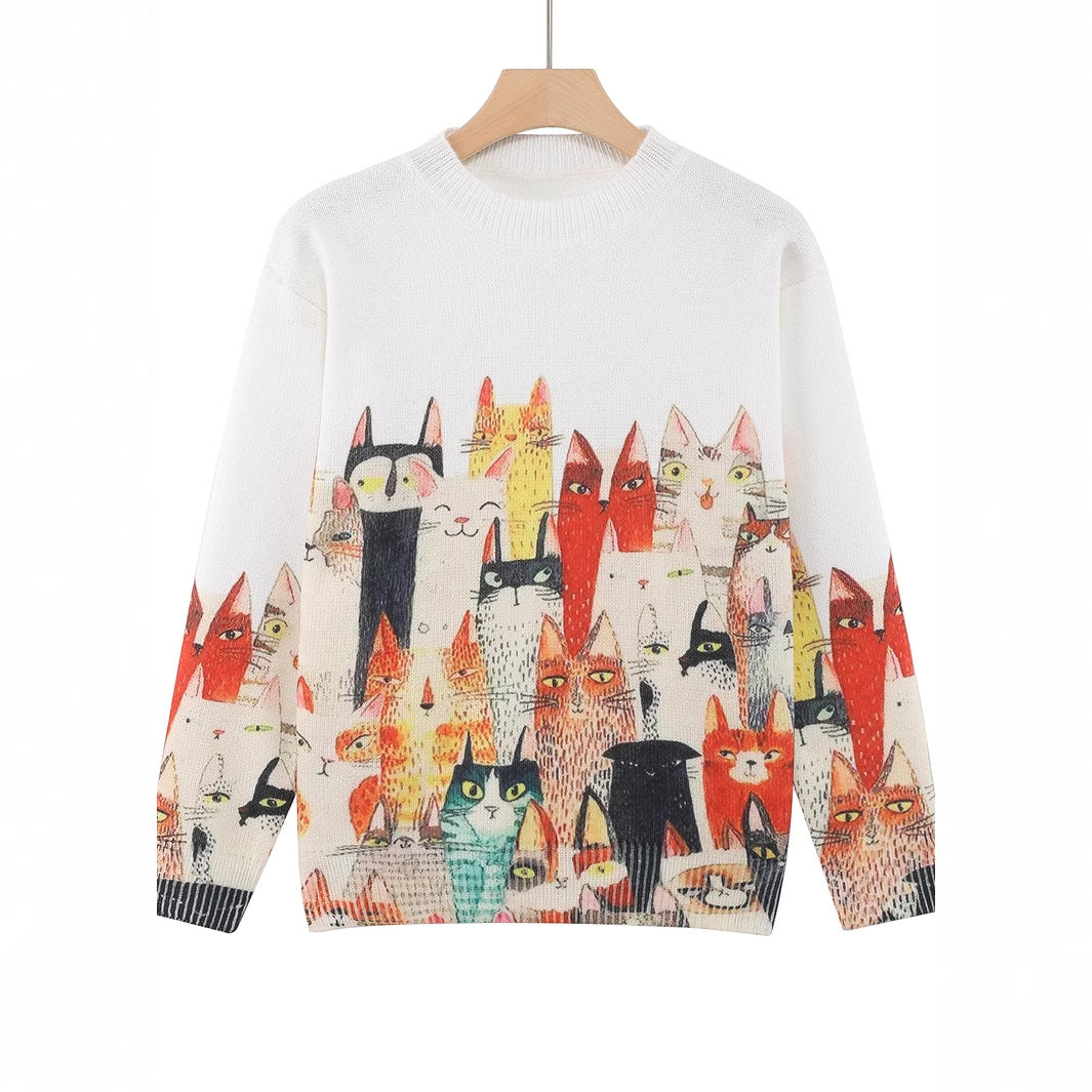 Plus Size Women's Knitted Cute Cat Casual Fashion Pullover Top